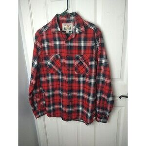 Free Planet Mens L Red Flannel Plaid Collared Button Up Shirt Long Sleeve Cotton